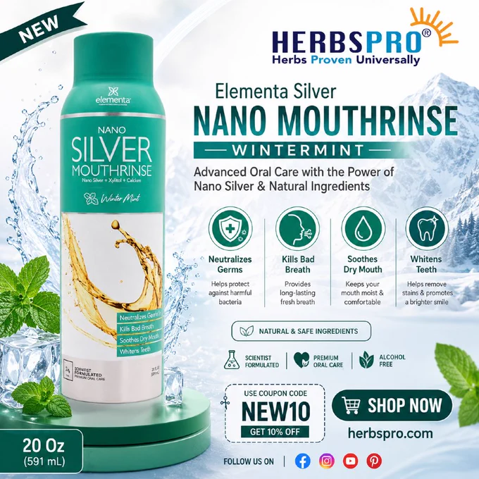 Elementa Nano Silver Wintermint mouthrinse, neutralizes germs, freshens breath, soothes dry mouth, whitens teeth.