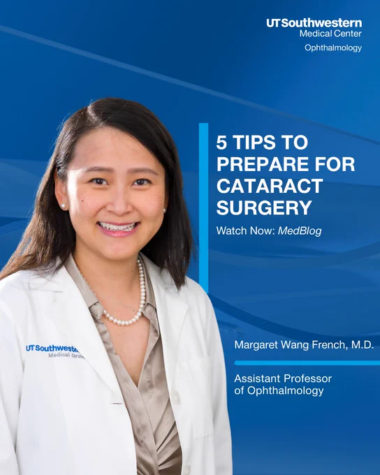 Woman smiling in white doctor coat, blue background, text reads 5 Tips to Prepare for Cataract Surgery