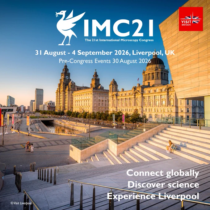 Liverpool's historic waterfront with iconic buildings under a clear sky, promoting the 21st International Microscopy Congress in 2026.