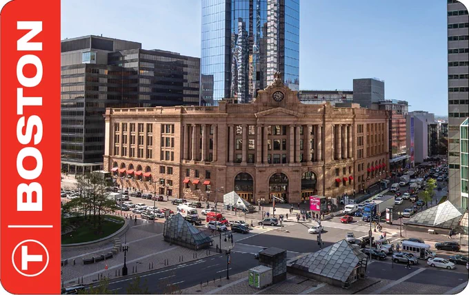 A collectable CharlieCard with South Station and Dewey Square pictured.