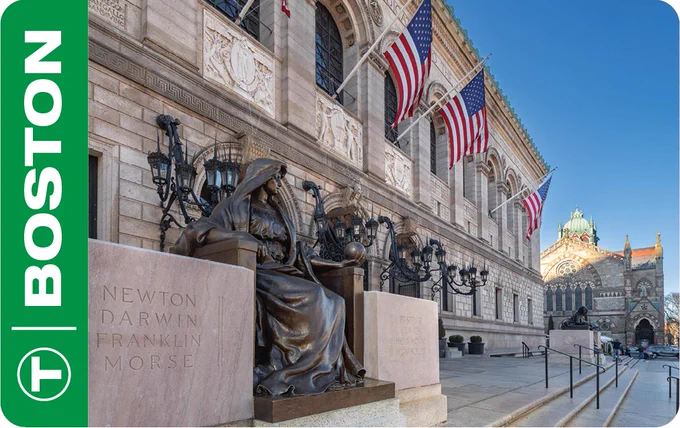 A collectable CharlieCard with the Boston Public Library pictured.