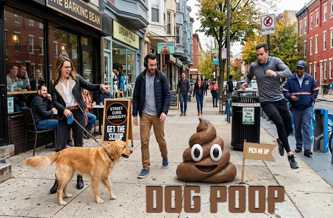 a city street scene of a woman walking a dog and people walking around dog poop, for a podcast episode about the daily encounter