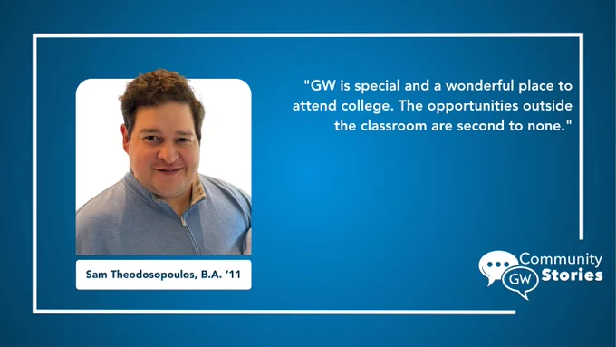 This image features a person in a blue shirt next to a quote praising George Washington University (GW) for its unique opportunities outside the classroom. The background is blue with the GW Community Stories logo. The name "Sam Theodosopoulos, B.A. '11" is written below the person’s photo.