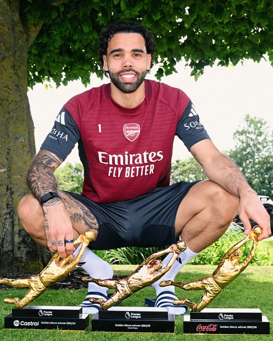 David Raya with his three Premier League Golden Glove awards