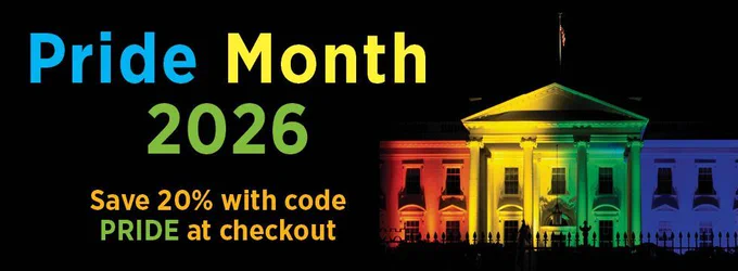 Banner graphic for Pride Month 2026 featuring bold text that reads “Pride Month 2026” and “Save 20% with code PRIDE at checkout” beside the White House illuminated in rainbow colors against a black background.