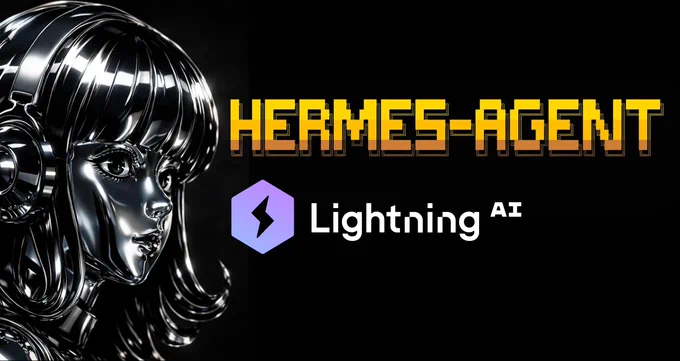 The Nous Research icon, an animated young person wearing headphones has a metallic robotic sheen on the left side of the image. To the right, text reads "HERMES-AGENT" in bold, yellow letters and below it, "Lightning AI" with a purple lightning bolt icon. The background is black.