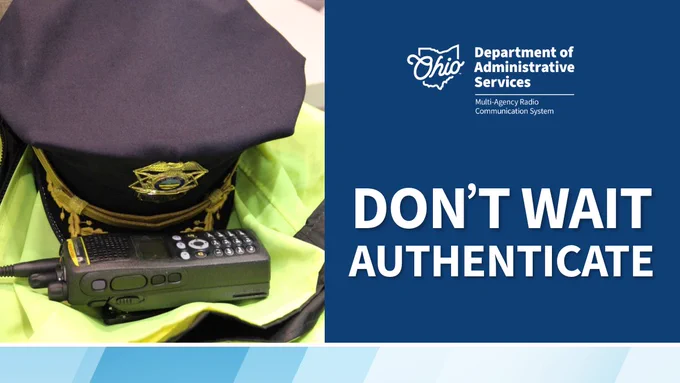 Close-up of a police officer's hat and radio next to a message urging prompt authentication.