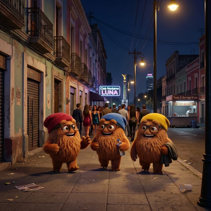 Three hairy aliens in a red, blue, and yellow beanie and glasses walk down a sidewalk in Mexico City at around 1:30 a.m.