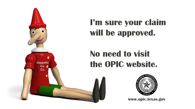 A wooden Pinocchio puppet and the encouragement to understand the insurance claim process before you need it by visiting the OPIC website.