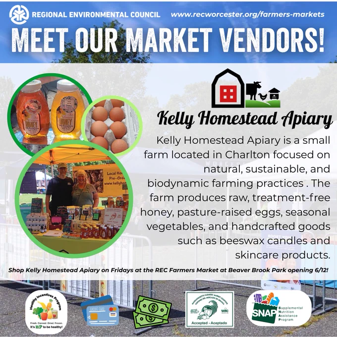 Meet the Regional Environmental Council Farmers Market Vendors!
Kelly Homestead Apiary is a small farm located in Charlton focused on natural, sustainable, and biodynamic farming practices . The farm produces raw, treatment-free honey, pasture-raised eggs, seasonal vegetables, and handcrafted goods such as beeswax candles and skincare products. Shop Kelly Homestead Apiary on Fridays at the REC Farmers Market at Beaver Brook Park opening 6/12! Accepts cash, card, HIP, SNAP, & WIC/Senior Coupons. 