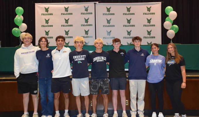 Locust Valley High School seniors Dean Wolfe, Jake Lamb, Stefano Linardos, Byron Hafner, Gavin Boyd, Ryan Sullivan, William Summers, Alyssa Ciminiello and Emma Tonner signed letters of intent to play collegiate sports on May 28, 2026.