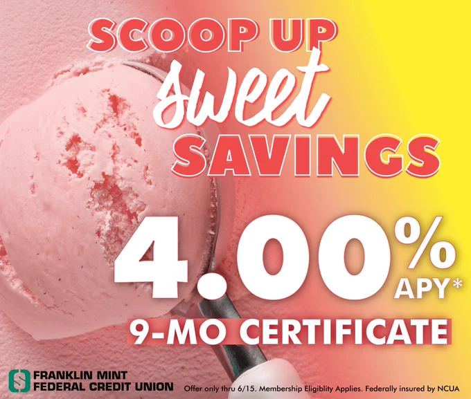 Pink ice cream in an ice cream scoop with a gradient overtop and the text "Scoop up sweet savings 4.00% APY* 9-mo Certificate", FMFCU logo below