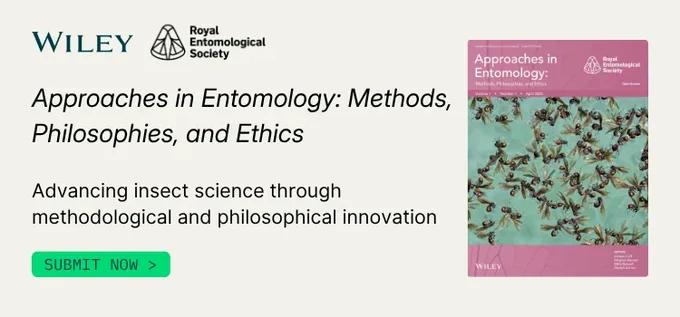 Cover of 'Approaches in Entomology' journal featuring a swarm of insects on a teal background with Wiley and Royal Entomological Society logos.