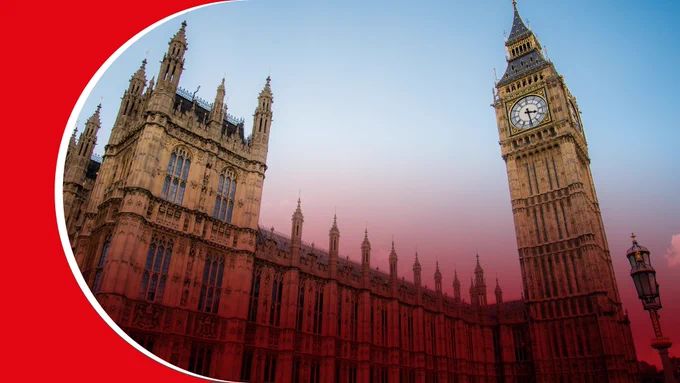 Big Ben clock tower and the Palace of Westminster under a clear blue sky in London, bordered by a Pact red curve.