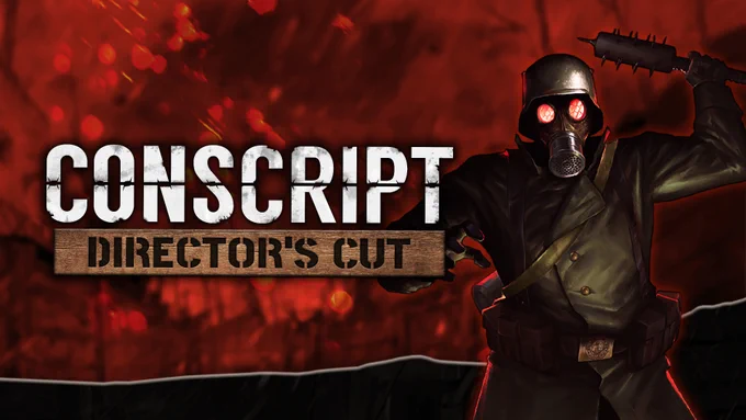 The key art for CONSCRIPT: Director's Cut featuring an image of a gas mask wearing soldier armed with a grenade. The background is shades of smokey red.