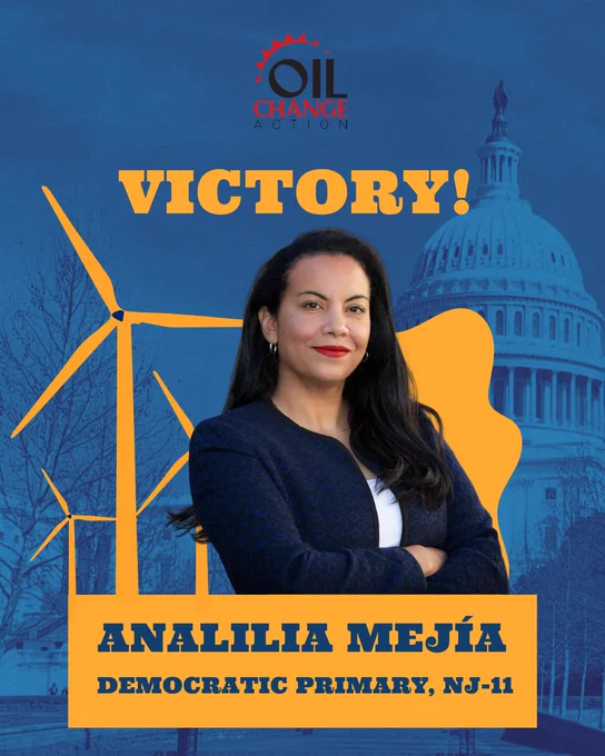 A photo of Analilia Mejia against a background of the Capitol Building and wind turbines. Text reads, "Victory! Analilia Mejia, Democratic Primary, NJ-11."