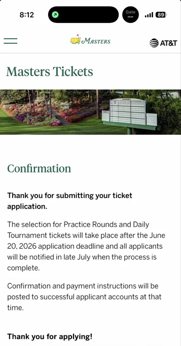 Screenshot of confirmation to apply to attend the masters in 2027