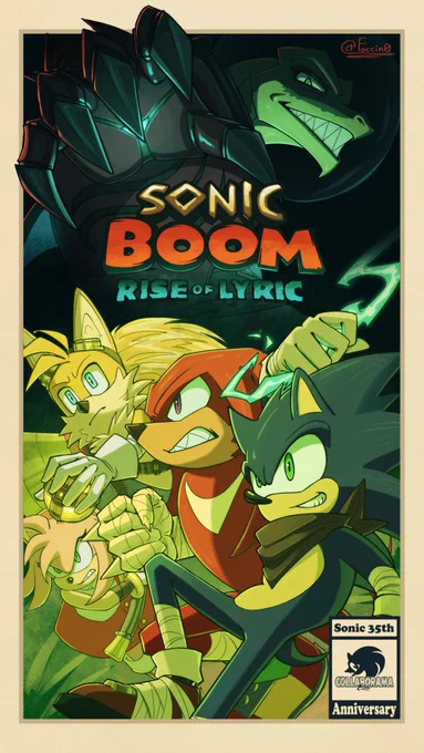 Redraw of a box art of the videogame Sonic Boom: Rise of Lyric. The illustration features the group of main characters, Sonic, Knuckles, Tails and Amy (from right to left), charging fearlessly  towards their new adventure as well as the main antagonist of the story - Lytic, eerily looming over them.