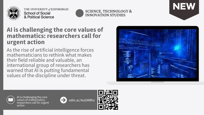 text reads: AI is challenging the core values of mathematics: researchers call for urgent action .As the rise of artificial intelligence forces mathematicians to rethink what makes their field reliable and valuable, an international group of researchers has warned that AI is putting fundamental values of the discipline under threat. 