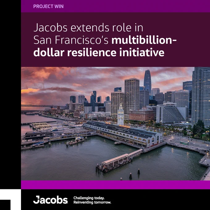 San Francisco skyline at sunset highlighting waterfront and urban resilience efforts by Jacobs in a multibillion-dollar initiative.