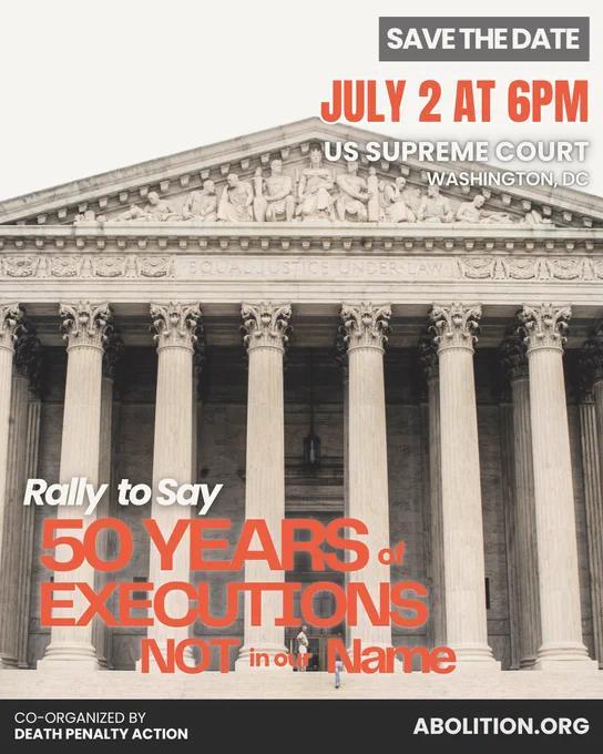 deathpenaltyaction
„The Starvin' For Justice“: In weniger als einem Monat beginnt in Washington, D.C., das 33. jährliche Fasten und die Mahnwache zur Abschaffung der Todesstrafe.

Am 2. Juli 2026 jährt sich zum 50. Mal der Fall Gregg v. Georgia (und die anderen „2.-Juli-Fälle“) – ein Fall, der die Wiederaufnahme von Hinrichtungen ermöglichte, nachdem diese dank Furman v. Georgia für vier Jahre und vier Tage ausgesetzt worden waren.

50 Jahre später wird die Todesstrafe nach wie vor genauso willkürlich verhängt wie damals – manche mögen argumentieren, heute sogar noch mehr. Schließt euch uns in DC an, wenn wir die anhaltenden Versäumnisse dieses Systems anprangern. #StopExecutions

