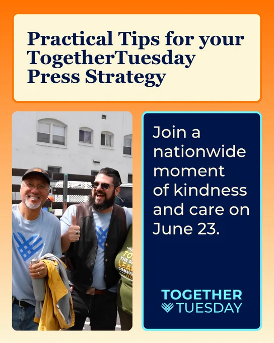 TogetherTuesday press tips header, smiling volunteers photo, and panel encouraging a nationwide moment of kindness on June 23.