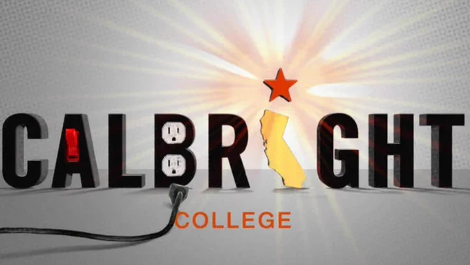 A photo illustration of the Calbright College logo with several alterations turning it into a lamp that is unplugged and dimming; the "A" has a light switch inside it in the on position, the "B" has a set of plugs in it, the star over the outline of California that is a stand in of the "I" is lightly glowing.