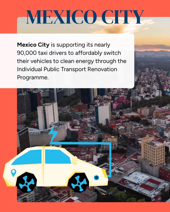 An aerial photo of a Mexico City street, overlaid with a graphic of a white electric car connected to a lightning bolt symbol. Text outlines the city's programme to help taxi drivers switch to clean energy.
