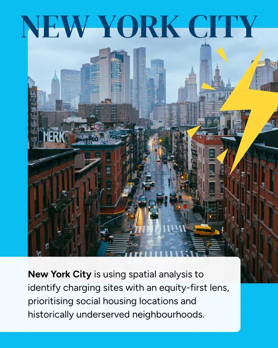 A photo looking down a New York City street lined with brick apartment buildings and skyscrapers in the distance, overlaid with a large yellow lightning bolt graphic. Text describes NYC's use of spatial analysis to prioritise charging sites in underserved neighbourhoods.