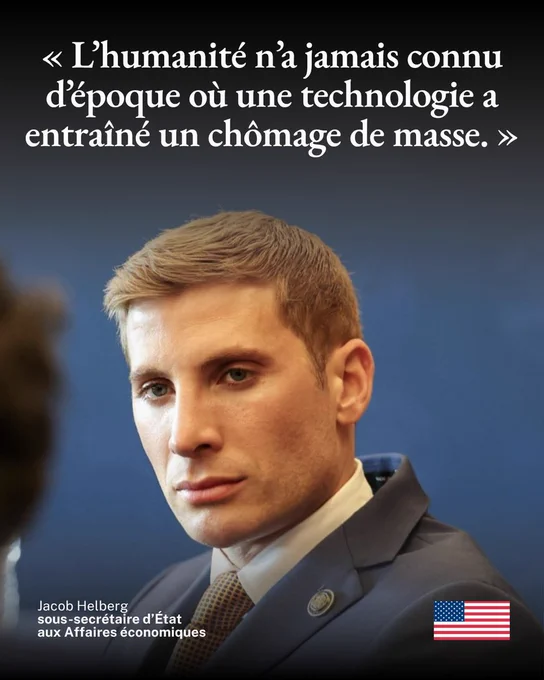 Portrait et citation de Jacob Helberg, sous-secrétaire d’État aux Affaires économiques : « L’humanité n’a jamais connu d’époque où une technologie a entraîné un chômage de masse. »