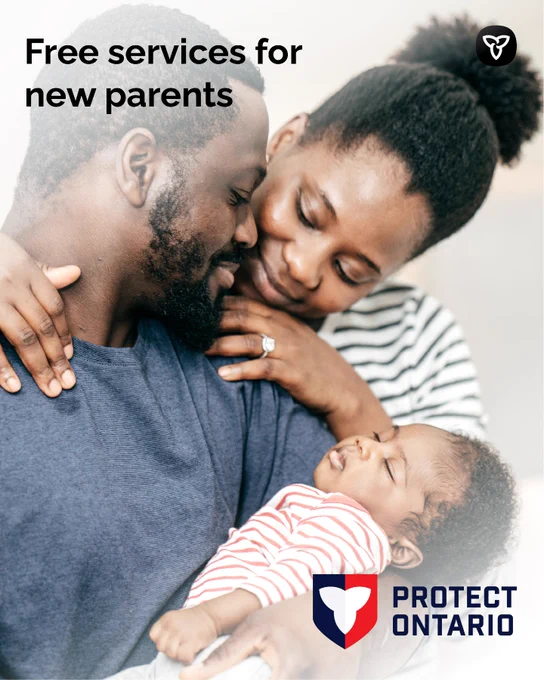 Parents embrace while holding a sleeping baby; banner promotes free services for new parents