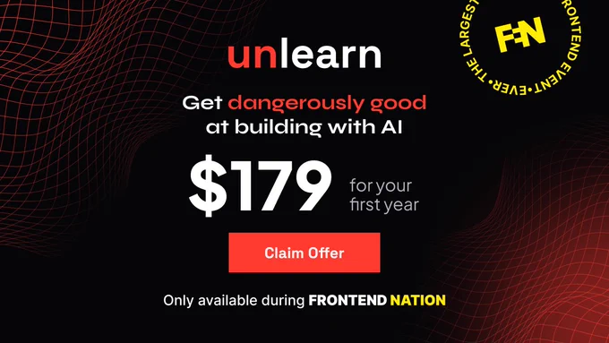A promotional image advertising a $179 AI learning offer available during Frontend Nation. Features dynamic red and black graphics.