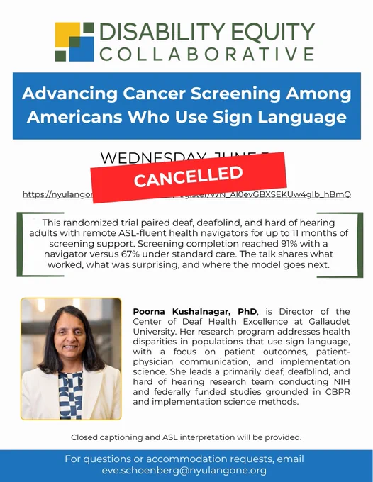 Flyer announcing the cancellation of DEC's research presentation on June 3, 2026.