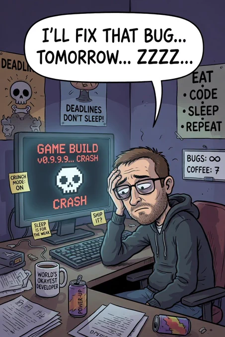 A very fatigued developer looking at game build crash.