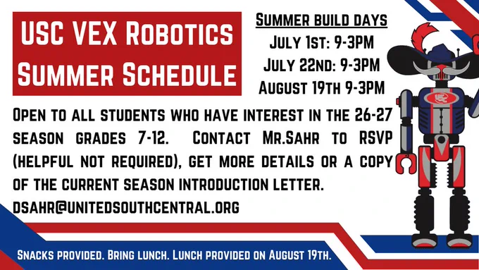 USC Robotics Summer Schedule Notice