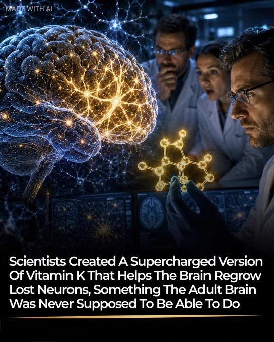 🧠 THE ADULT BRAIN RULE MAY HAVE JUST BEEN BROKEN 

For years, science believed the adult brain could not grow new neurons. Once brain cells were lost, they were gone forever… or so we thought.

Now, researchers in Japan report something unexpected. Modified vitamin K-based compounds were able to activate dormant stem cells and trigger new neuron growth in lab studies. Even more surprising, these new cells appeared to function like real brain cells.

Why does this matter? Diseases like Alzheimer’s and Parkinson’s destroy neurons, and the brain has limited ability to replace them. If this discovery holds true in humans, it could shift medicine from “protecting the brain” to actually “rebuilding it.”

It’s still early research, but the idea alone is shaking neuroscience.
Source:
ScienceDaily. (May 27, 2026). *Vitamin K-derived compounds and adult neurogenesis research findings*. ScienceDaily.