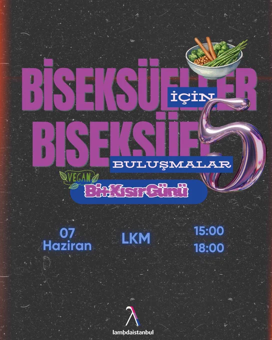 Siyah arkaplan üzerine mor renkte büyük puntolarla ve mavi arkaplan üzerine pembe renkte küçük puntolarla Biseksüeller için Biseksüel buluşmalar yazıyor. Bu yazının yanında yer al an kıvrımlı balon şeklinde 5 sayısı bunun beşinci buluşma olduğunu belirtiyor. Orta kısımda mavi arkaplan üzerine bold şekilde ve mor renkte Bi  Kısır Günü yazılmış, solunda ise Vegan kelimesi yazılı. Bunun altında 07 Haziran LKM 15:00-18:00 şeklinde etkinlik detayları yer alıyor. Sağ üstte bir tabak ve içinde çeşitli sebzeler var. En altta ise biseksüel bayrağı renklerinde baston şeklinde lambdaistanbul logosu var.