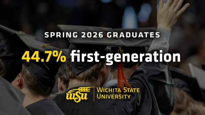 Graphic that reads "Spring 2026 Graduates 44.7% first-generation." The Wichita State University logo is displayed at the bottom.