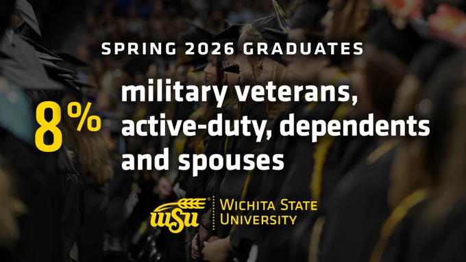 Graphic that reads, "Spring 2026 Graduates: 8% military veterans, active-duty, dependents and spouses." The Wichita State University logo is displayed at the bottom.