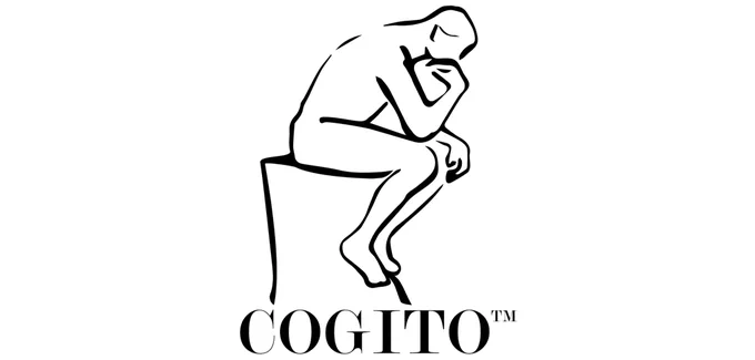 Cogito Publishing logo - white background with black line art of a person sat in a thoughtful pose - chin resting on hand with a bent elbow. Underneath, text reads 'COGITO TM' in black.