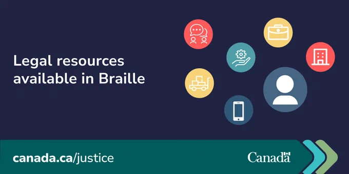 Graphic for legal resources available in Braille, featuring accessibility-related icons on a dark blue background. The footer includes the URL canada.ca/justice and the Government of Canada wordmark.