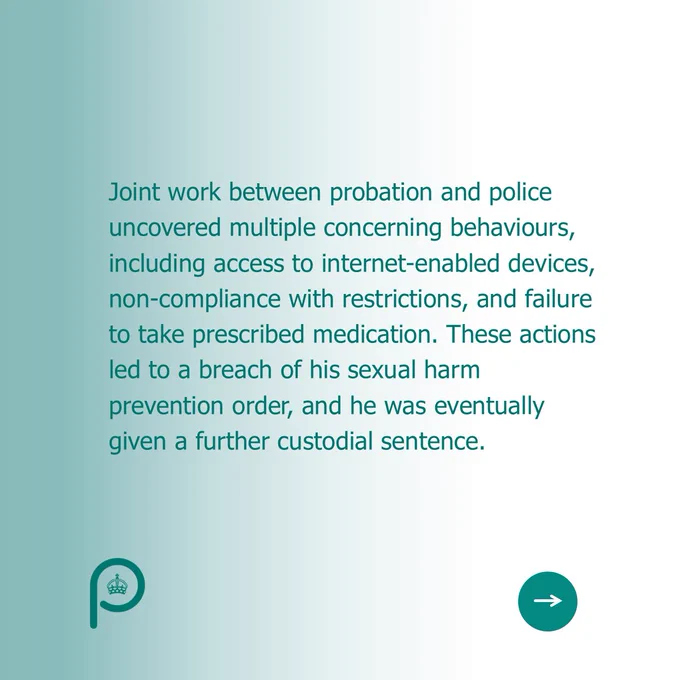 : Joint work between probation and police uncovered multiple concerning behaviours, including access to internet‑enabled devices, non‑compliance with restrictions, and failure to take prescribed medication. These actions led to a breach of his sexual harm prevention order and he was eventually given a further custodial sentence.