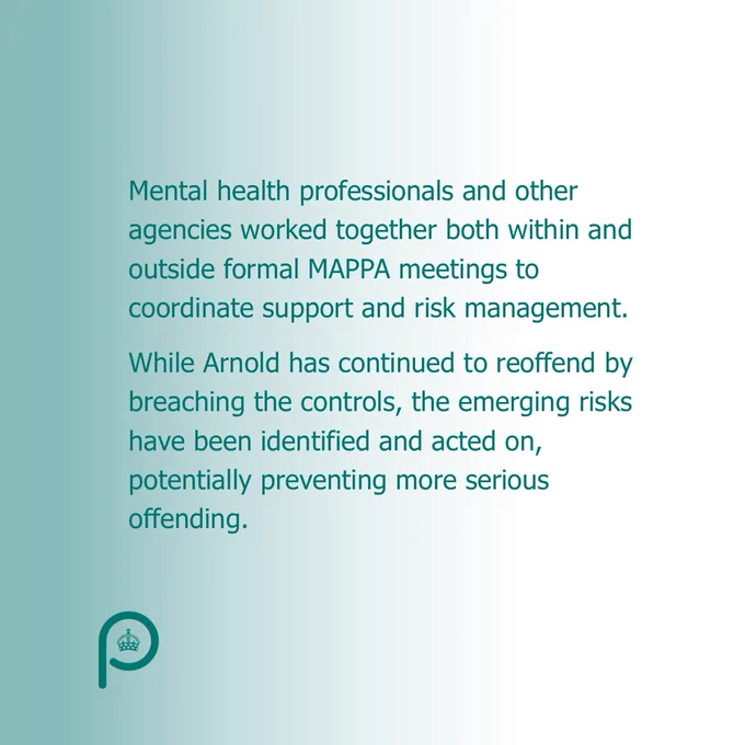 Mental health professionals and other agencies worked together both within and outside formal MAPPA meetings to coordinate support and risk management. While Arnold has continued to reoffend by breaching the controls, the emerging risks have been identified and acted on, potentially preventing more serious offending. 