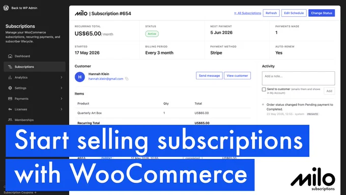 Milo Subscriptions is a free, modern subscriptions plugin for WooCommerce. It handles recurring billing, customer self-service, and migration from WooCommerce Subscriptions out of the box, with a unified payments plugin and an optional add-on Bundle for stores that need more.
