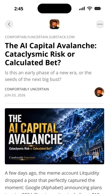 Dramatic Substack thumbnail showing a massive AI-driven financial avalanche crashing alongside signs for Google, SpaceX, Anthropic, and OpenAI, contrasted with glowing data centers, a digital brain, and bold headline text: “The AI Capital Avalanche: Cataclysmic Risk or Calculated Bet?”