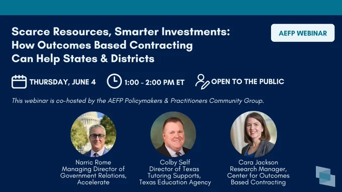 Webinar promotional graphic for "Scarce Resources, Smarter Investments: How Outcomes Based Contracting Can Help States & Districts," an AEFP Webinar on Thursday, June 4, 1:00–2:00 PM ET, open to the public. Co-hosted by the AEFP Policymakers & Practitioners Community Group. Speakers pictured: Narric Rome, Managing Director of Government Relations, Accelerate; Colby Self, Director of Texas Tutoring Supports, Texas Education Agency; and Cara Jackson, Research Manager, Center for Outcomes Based Contracting.