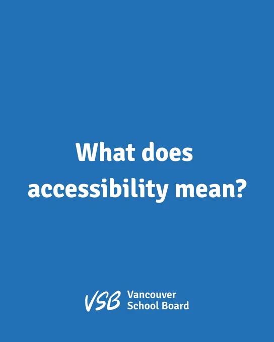 Blue background with white text asking 'What does accessibility mean?' and Vancouver School Board logo below.