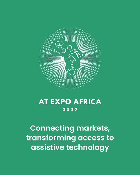 Green promotional graphic for AT Expo Africa 2027. At the center is a stylized map of Africa containing icons representing assistive technology, including a hearing aid, prosthetic device, wheelchair, spectacles, and a mobile phone. Below, the text reads: “AT EXPO AFRICA 2027” and “Connecting markets, transforming access to assistive technology.” White circular dot patterns radiate behind the map.