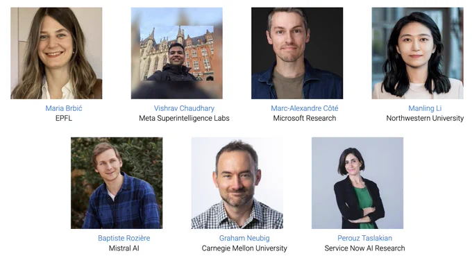 REALM 2026 workshop invited speakers and panelists: Maria Brbić (EPFL), Vishrav Chaudhary (Meta Superintelligence Labs), Marc-Alexandre Côté (Microsoft Research), Manling Li (Northwestern University), Baptiste Rozière (Mistral AI), Graham Neubig (Carnegie Mellon University), Perouz Taslakian (ServiceNow AI Research).