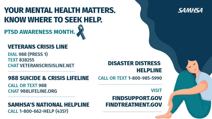 PTSD Awareness Month, featuring information on mental health resources such as the Veterans Crisis Line, Disaster Distress Helpline, 988 Suicide & Crisis Lifeline. Findtreamtent.gov Findsupport.gov and SAMHSA's National Helpline..